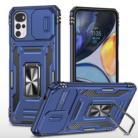 Silikon Hülle Handyhülle und Kunststoff Schutzhülle Hartschalen Tasche mit Magnetisch Fingerring Ständer für Motorola Moto G22 Blau