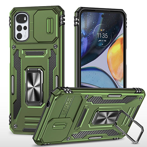 Silikon Hülle Handyhülle und Kunststoff Schutzhülle Hartschalen Tasche mit Magnetisch Fingerring Ständer für Motorola Moto G22 Grün
