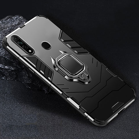 Silikon Hülle Handyhülle und Kunststoff Schutzhülle Hartschalen Tasche mit Magnetisch Fingerring Ständer für Oppo A31 Schwarz