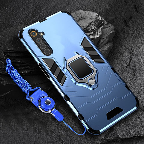 Silikon Hülle Handyhülle und Kunststoff Schutzhülle Hartschalen Tasche mit Magnetisch Fingerring Ständer für Realme 6 Blau