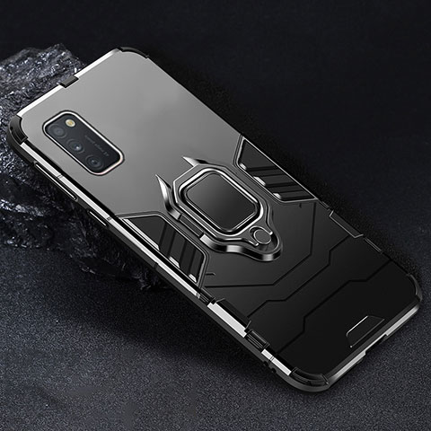 Silikon Hülle Handyhülle und Kunststoff Schutzhülle Hartschalen Tasche mit Magnetisch Fingerring Ständer für Samsung Galaxy A41 Schwarz