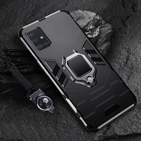 Silikon Hülle Handyhülle und Kunststoff Schutzhülle Hartschalen Tasche mit Magnetisch Fingerring Ständer für Samsung Galaxy A71 5G Schwarz