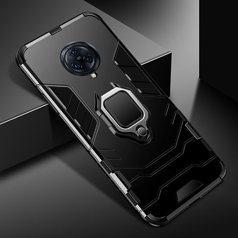 Silikon Hülle Handyhülle und Kunststoff Schutzhülle Hartschalen Tasche mit Magnetisch Fingerring Ständer für Vivo Nex 3S Schwarz