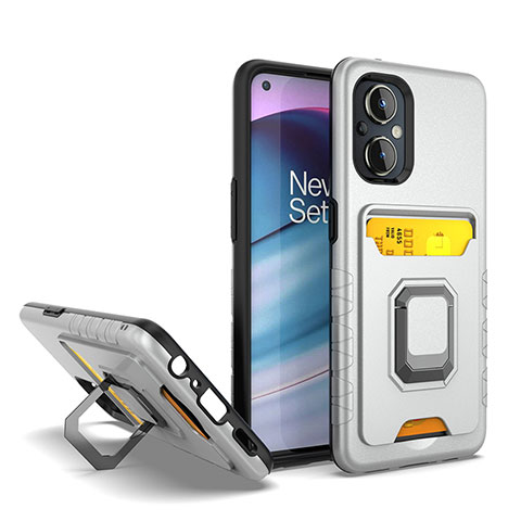 Silikon Hülle Handyhülle und Kunststoff Schutzhülle Hartschalen Tasche mit Magnetisch Fingerring Ständer J03S für Oppo Reno8 Lite 5G Silber