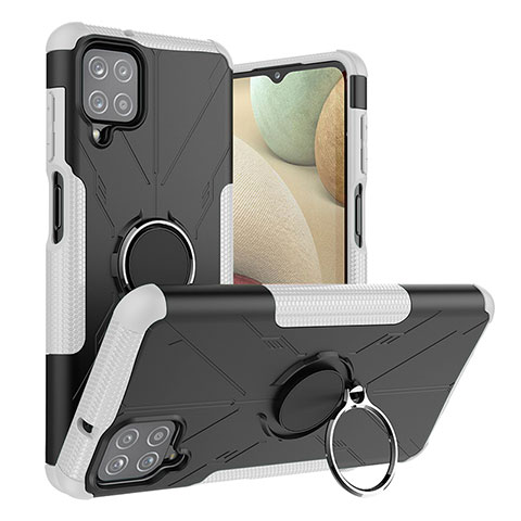 Silikon Hülle Handyhülle und Kunststoff Schutzhülle Hartschalen Tasche mit Magnetisch Fingerring Ständer JX2 für Samsung Galaxy A12 Nacho Silber