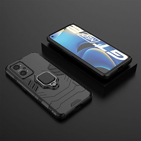 Silikon Hülle Handyhülle und Kunststoff Schutzhülle Hartschalen Tasche mit Magnetisch Fingerring Ständer KC2 für Realme GT Neo 3T 5G Schwarz