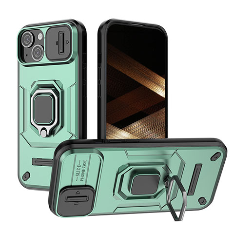 Silikon Hülle Handyhülle und Kunststoff Schutzhülle Hartschalen Tasche mit Magnetisch Fingerring Ständer KC3 für Apple iPhone 13 Grün
