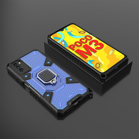 Silikon Hülle Handyhülle und Kunststoff Schutzhülle Hartschalen Tasche mit Magnetisch Fingerring Ständer KC3 für Xiaomi Poco M3 Blau