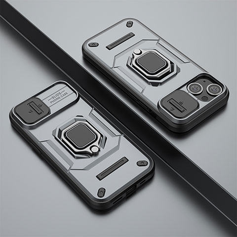 Silikon Hülle Handyhülle und Kunststoff Schutzhülle Hartschalen Tasche mit Magnetisch Fingerring Ständer KC4 für Apple iPhone 13 Grau