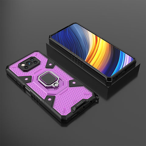 Silikon Hülle Handyhülle und Kunststoff Schutzhülle Hartschalen Tasche mit Magnetisch Fingerring Ständer KC4 für Xiaomi Poco X3 NFC Violett