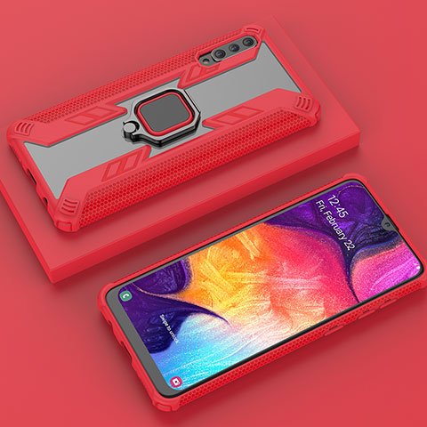 Silikon Hülle Handyhülle und Kunststoff Schutzhülle Hartschalen Tasche mit Magnetisch Fingerring Ständer KC6 für Samsung Galaxy A50 Rot