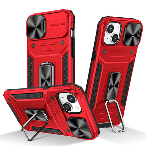 Silikon Hülle Handyhülle und Kunststoff Schutzhülle Hartschalen Tasche mit Magnetisch Fingerring Ständer KC8 für Apple iPhone 14 Rot