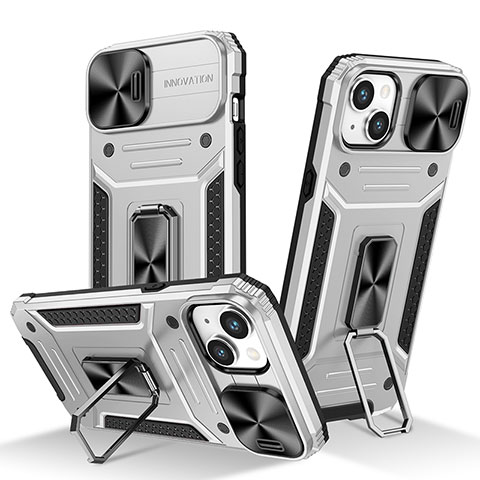 Silikon Hülle Handyhülle und Kunststoff Schutzhülle Hartschalen Tasche mit Magnetisch Fingerring Ständer KC8 für Apple iPhone 14 Silber