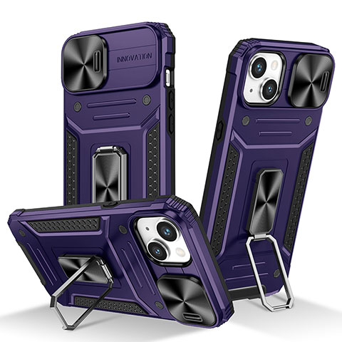 Silikon Hülle Handyhülle und Kunststoff Schutzhülle Hartschalen Tasche mit Magnetisch Fingerring Ständer KC8 für Apple iPhone 14 Violett