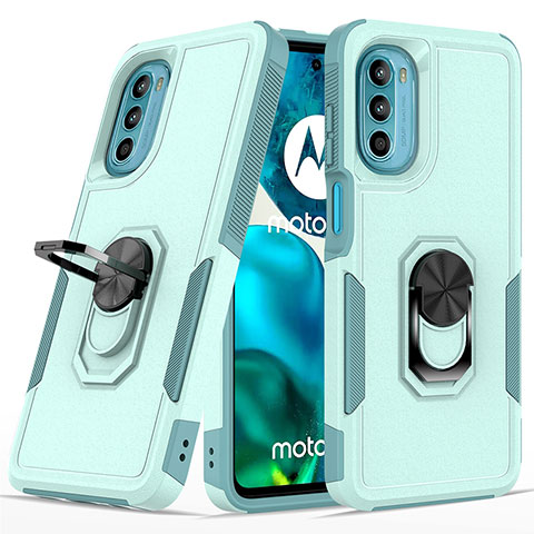 Silikon Hülle Handyhülle und Kunststoff Schutzhülle Hartschalen Tasche mit Magnetisch Fingerring Ständer MQ1 für Motorola MOTO G52 Cyan