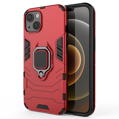 Silikon Hülle Handyhülle und Kunststoff Schutzhülle Hartschalen Tasche mit Magnetisch Fingerring Ständer S01 für Apple iPhone 14 Rot