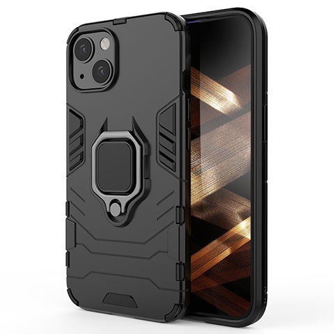Silikon Hülle Handyhülle und Kunststoff Schutzhülle Hartschalen Tasche mit Magnetisch Fingerring Ständer S01 für Apple iPhone 15 Plus Schwarz
