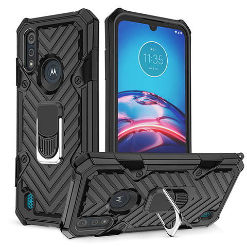 Silikon Hülle Handyhülle und Kunststoff Schutzhülle Hartschalen Tasche mit Magnetisch Fingerring Ständer S01 für Motorola Moto E6s (2020) Schwarz