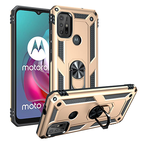 Silikon Hülle Handyhülle und Kunststoff Schutzhülle Hartschalen Tasche mit Magnetisch Fingerring Ständer S01 für Motorola Moto G10 Power Gold