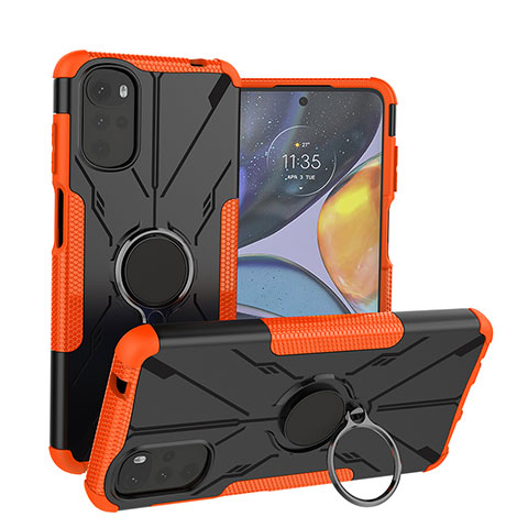 Silikon Hülle Handyhülle und Kunststoff Schutzhülle Hartschalen Tasche mit Magnetisch Fingerring Ständer S01 für Motorola Moto G22 Orange