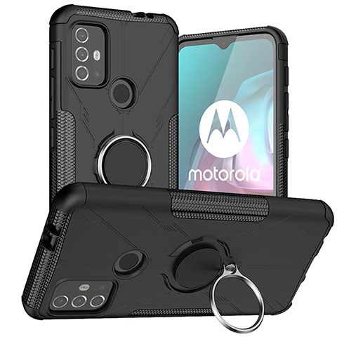 Silikon Hülle Handyhülle und Kunststoff Schutzhülle Hartschalen Tasche mit Magnetisch Fingerring Ständer S02 für Motorola Moto G20 Schwarz