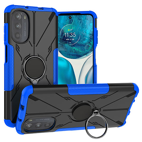 Silikon Hülle Handyhülle und Kunststoff Schutzhülle Hartschalen Tasche mit Magnetisch Fingerring Ständer S02 für Motorola MOTO G52 Blau