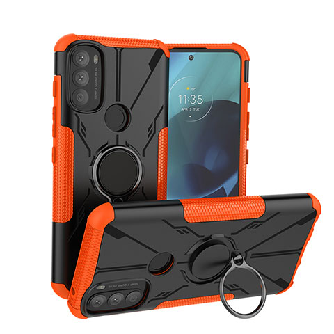 Silikon Hülle Handyhülle und Kunststoff Schutzhülle Hartschalen Tasche mit Magnetisch Fingerring Ständer S02 für Motorola Moto G71 5G Orange