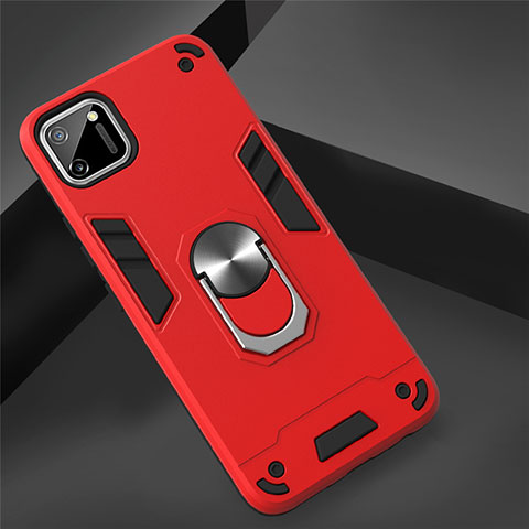 Silikon Hülle Handyhülle und Kunststoff Schutzhülle Hartschalen Tasche mit Magnetisch Fingerring Ständer S02 für Realme C11 Rot
