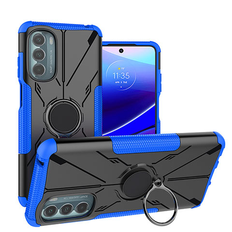 Silikon Hülle Handyhülle und Kunststoff Schutzhülle Hartschalen Tasche mit Magnetisch Fingerring Ständer S03 für Motorola Moto G Stylus (2022) 5G Blau