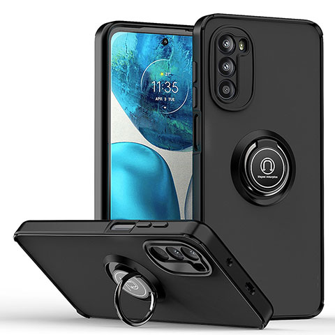 Silikon Hülle Handyhülle und Kunststoff Schutzhülle Hartschalen Tasche mit Magnetisch Fingerring Ständer S04 für Motorola Moto G82 5G Schwarz