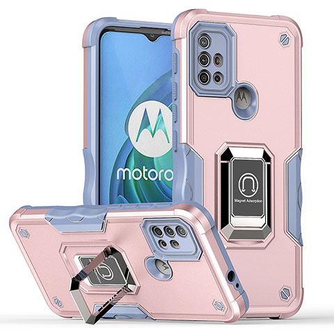 Silikon Hülle Handyhülle und Kunststoff Schutzhülle Hartschalen Tasche mit Magnetisch Fingerring Ständer S05 für Motorola Moto G10 Power Rosa
