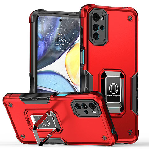 Silikon Hülle Handyhülle und Kunststoff Schutzhülle Hartschalen Tasche mit Magnetisch Fingerring Ständer S05 für Motorola Moto G22 Rot