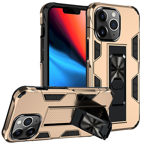 Silikon Hülle Handyhülle und Kunststoff Schutzhülle Hartschalen Tasche mit Magnetisch Fingerring Ständer S07 für Apple iPhone 13 Pro Max Gold