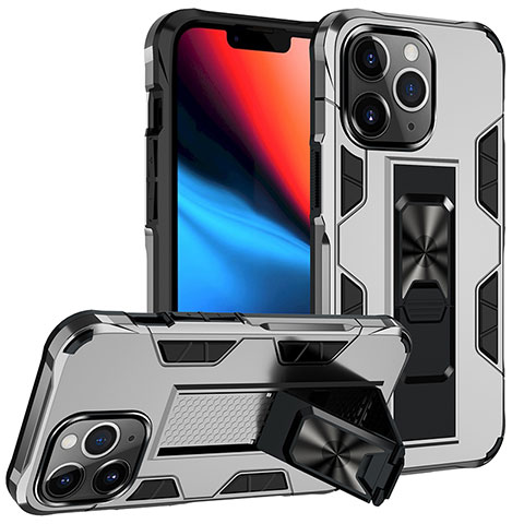 Silikon Hülle Handyhülle und Kunststoff Schutzhülle Hartschalen Tasche mit Magnetisch Fingerring Ständer S07 für Apple iPhone 13 Pro Max Silber