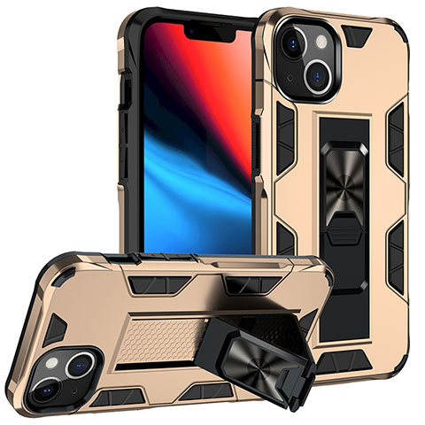 Silikon Hülle Handyhülle und Kunststoff Schutzhülle Hartschalen Tasche mit Magnetisch Fingerring Ständer S07 für Apple iPhone 14 Gold