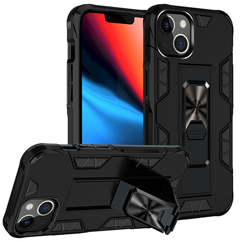 Silikon Hülle Handyhülle und Kunststoff Schutzhülle Hartschalen Tasche mit Magnetisch Fingerring Ständer S07 für Apple iPhone 14 Schwarz
