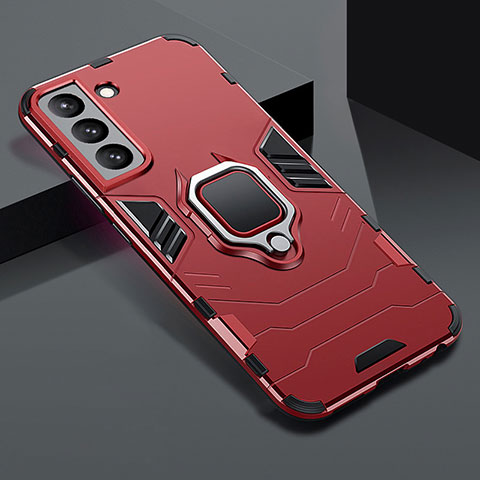 Silikon Hülle Handyhülle und Kunststoff Schutzhülle Hartschalen Tasche mit Magnetisch Fingerring Ständer S08 für Samsung Galaxy S21 Plus 5G Rot