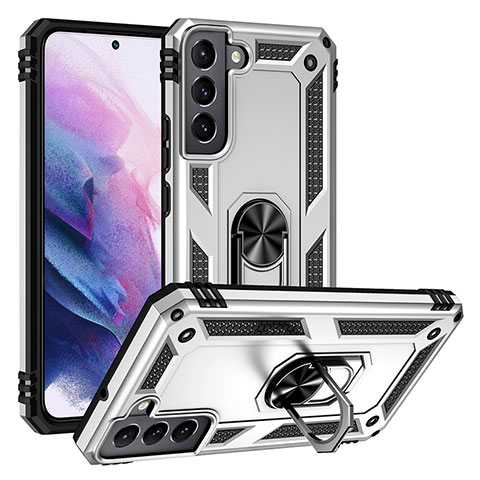 Silikon Hülle Handyhülle und Kunststoff Schutzhülle Hartschalen Tasche mit Magnetisch Fingerring Ständer T03 für Samsung Galaxy S22 5G Silber