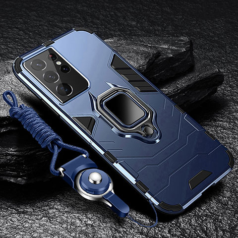 Silikon Hülle Handyhülle und Kunststoff Schutzhülle Hartschalen Tasche mit Magnetisch Fingerring Ständer T06 für Samsung Galaxy S22 Ultra 5G Blau