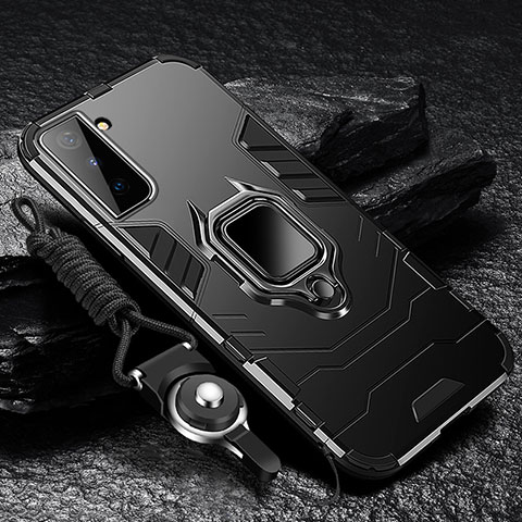 Silikon Hülle Handyhülle und Kunststoff Schutzhülle Hartschalen Tasche mit Magnetisch Fingerring Ständer T06 für Samsung Galaxy S23 Plus 5G Schwarz