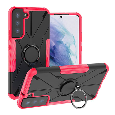 Silikon Hülle Handyhülle und Kunststoff Schutzhülle Hartschalen Tasche mit Magnetisch Fingerring Ständer T08 für Samsung Galaxy S22 5G Pink