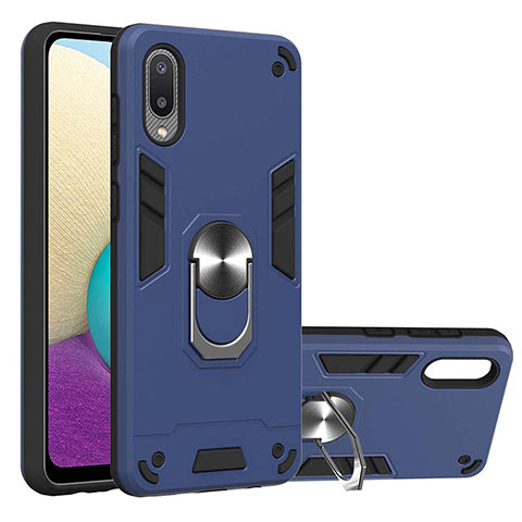 Silikon Hülle Handyhülle und Kunststoff Schutzhülle Hartschalen Tasche mit Magnetisch Fingerring Ständer Y01B für Samsung Galaxy M02 Blau