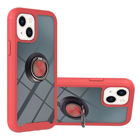 Silikon Hülle Handyhülle und Kunststoff Schutzhülle Hartschalen Tasche mit Magnetisch Fingerring Ständer YB1 für Apple iPhone 14 Rot
