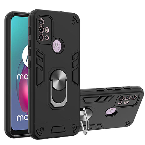 Silikon Hülle Handyhülle und Kunststoff Schutzhülle Hartschalen Tasche mit Magnetisch Fingerring Ständer YB1 für Motorola Moto G20 Schwarz