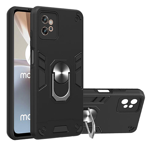 Silikon Hülle Handyhülle und Kunststoff Schutzhülle Hartschalen Tasche mit Magnetisch Fingerring Ständer YB1 für Motorola Moto G32 Schwarz