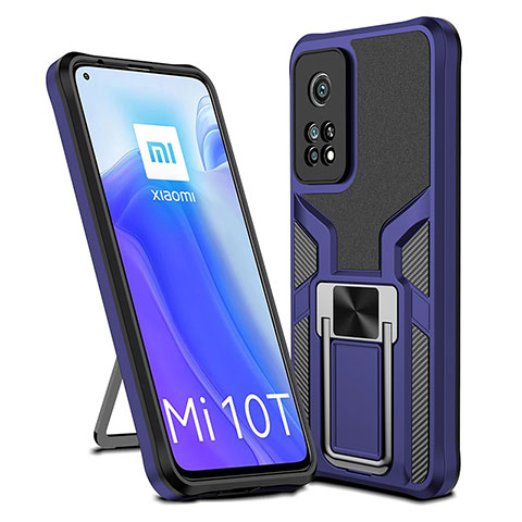 Silikon Hülle Handyhülle und Kunststoff Schutzhülle Hartschalen Tasche mit Magnetisch Fingerring Ständer ZL1 für Xiaomi Mi 10T Pro 5G Blau