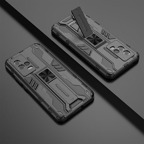 Silikon Hülle Handyhülle und Kunststoff Schutzhülle Hartschalen Tasche mit Magnetisch Ständer A02 für Vivo iQOO 8 5G Schwarz