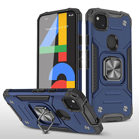 Silikon Hülle Handyhülle und Kunststoff Schutzhülle Hartschalen Tasche mit Magnetisch Ständer MQ1 für Google Pixel 4a Blau