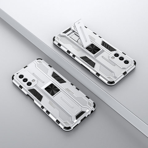 Silikon Hülle Handyhülle und Kunststoff Schutzhülle Hartschalen Tasche mit Magnetisch Ständer T01 für OnePlus Nord N200 5G Weiß