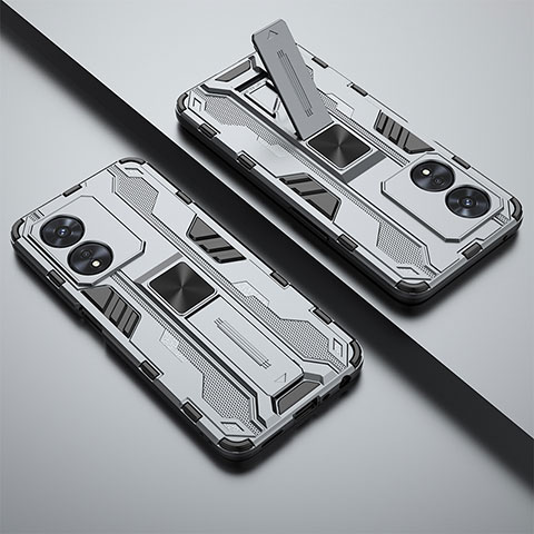 Silikon Hülle Handyhülle und Kunststoff Schutzhülle Hartschalen Tasche mit Magnetisch Ständer T01 für Oppo A58 5G Grau